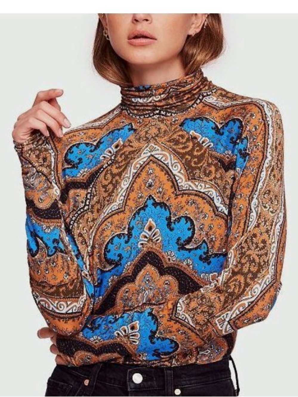 Free People Chase Me Tee Printed Turtleneck in the Eclipse Combo Size L Like New